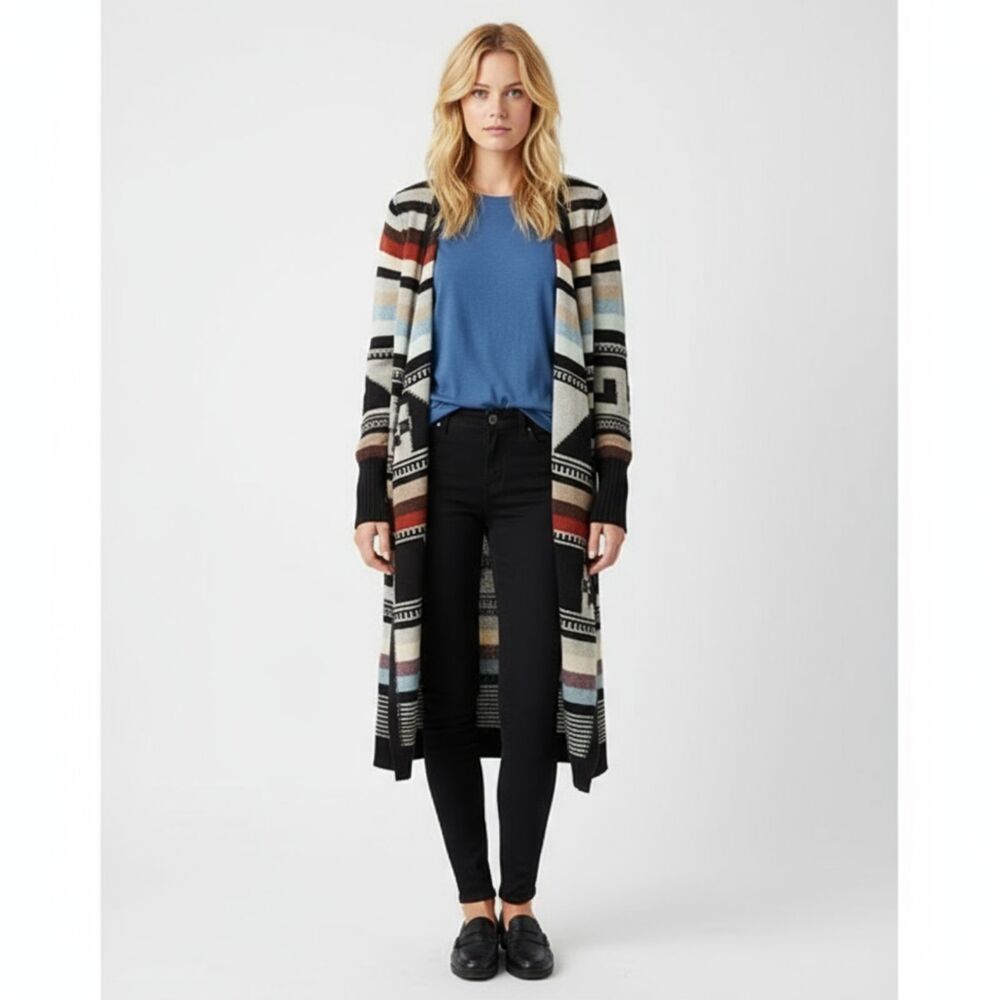Free People Multi Color Aztec Tribal Print Knit Open Front Duster Sweater M - Picture 1 of 8